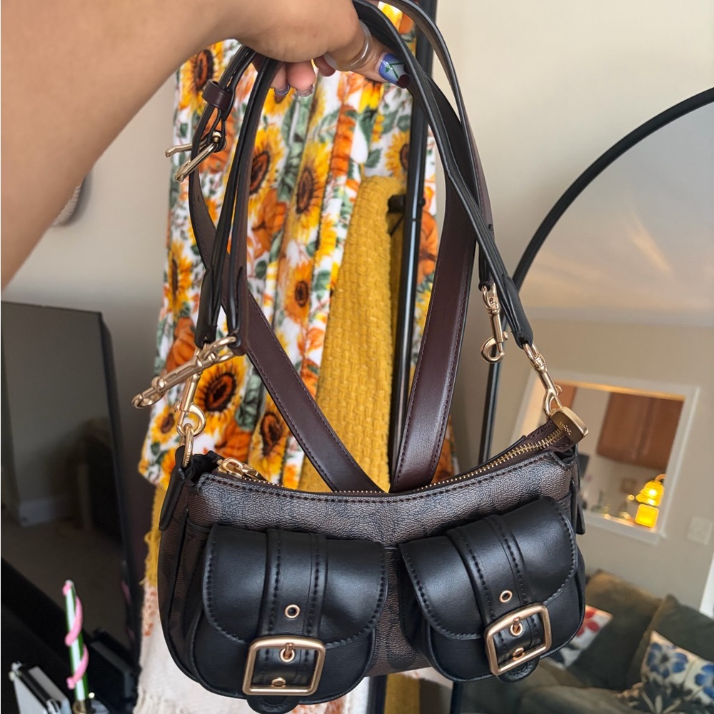 Coach Black Signature Canvas & Leather Crossbody with Dual Buckle Pockets